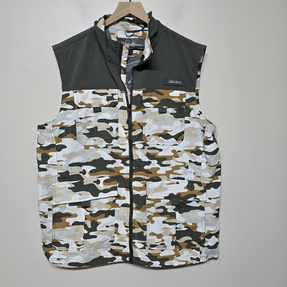 Eddie Bauer Men's Adventurer Vest Large Camo Zip Utility Hiking Outdoor NWT